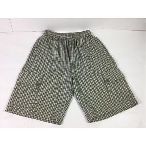 Raw Edge Sportswear Shorts Womens Size L Green Beige Plaid Pockets‎ draw string